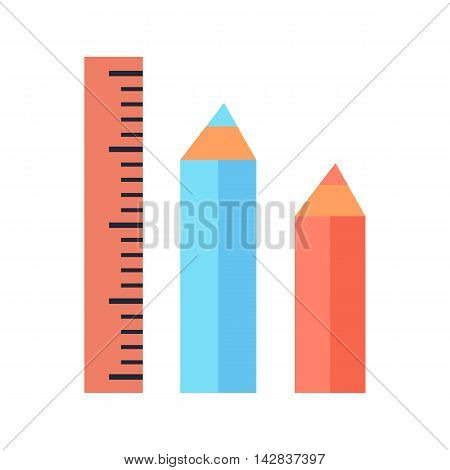 Ruler and two pencils icons isolated on white. Stationery blue and red pencils. Editable items in flat style for your web design. Part of series of accessories for work in office. Vector illustration