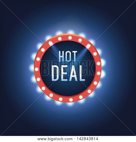 Vector light frame. Retro billboard. Red and yellow advertising sign. Hot deal. Sale and discount business banner.