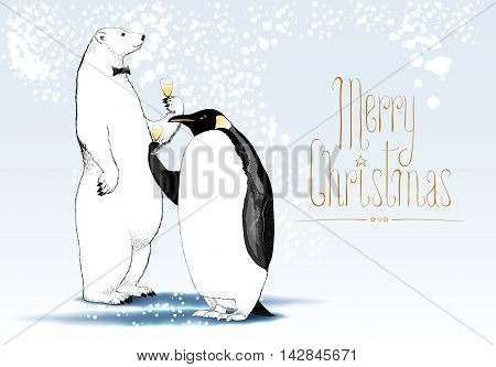 Merry Christmas vector seasonal greeting card. Penguin polar bear cute characters drinking glass of wine funny illustration. Design element with Merry Christmas hand drawn text
