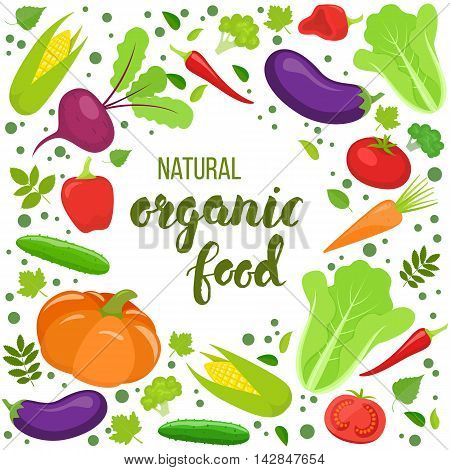 Round frame with colorful vegetables. Template for packaging cards posters menu. Handwritten lettering - organic food. Vector stock illustration.
