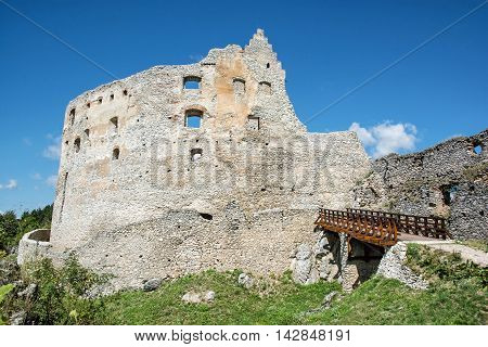 Ruins of Topolcany castle Slovak republic central Europe. Ancient architecture. Beautiful place. Travel destination.