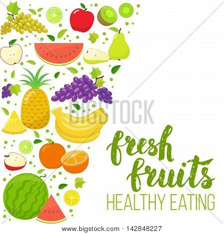 Side vertical border with colorful fruits. Template for packaging cards posters menu. Handwritten lettering organic food. Vector stock illustration.