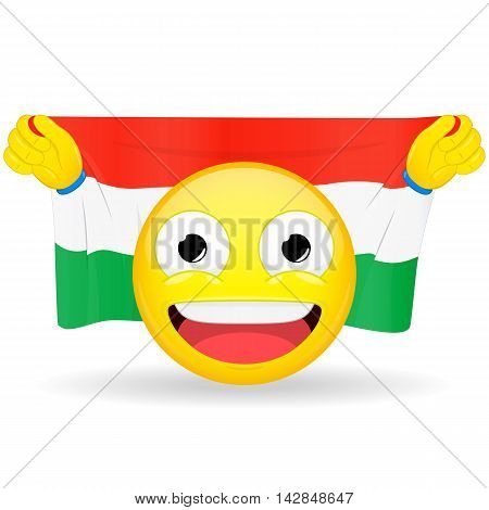 Emoji fan holds in hands flag behind his head. Hungarian flag. Fan cares for his country. Glory spectator bawl emotion. Exult emoticon. Buff of sports games smile illustration.