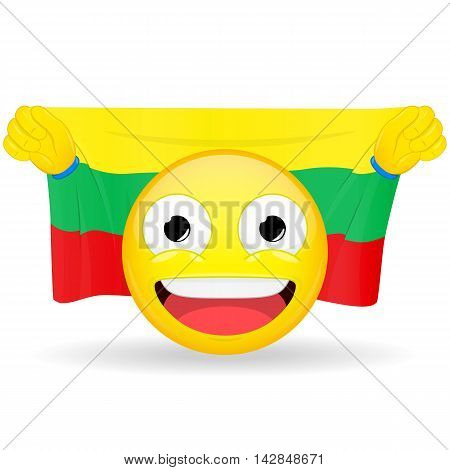 Emoji fan holds in hands flag behind his head. Lithuanian flag. Fan cares for his country. Glory spectator bawl emotion. Exult emoticon. Buff of sports games smile illustration.