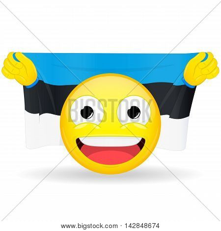 Emoji fan holds in hands flag behind his head. Estonian flag. Fan cares for his country. Glory spectator bawl emotion. Exult emoticon. Buff of sports games smile illustration.