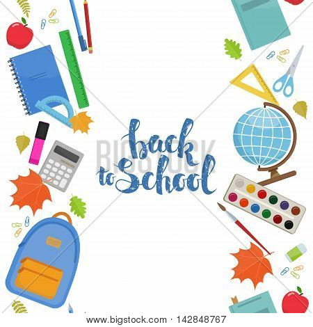 Vertical seamless borders of colorful items for education. Back to school lettering. Vector stock illustration.