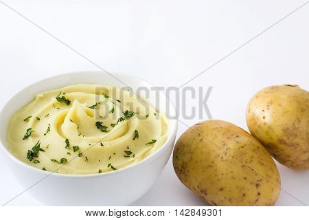 Mashed potato in bowl isolated on white background