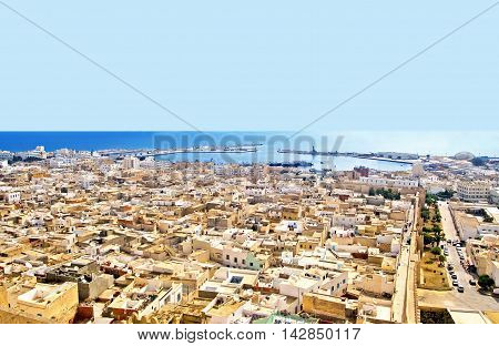 Aerial view from mediaval fortress that nowadays serves as the archaeological museum of Sousse, Tunisia, Africa