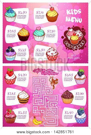 Kids menu with cupcakes and maze game. Vector template tri-fold menu in pink colors.