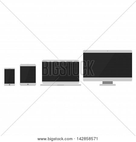 Device Icons: smartphone, tablet, laptop and desktop computer. Flat design