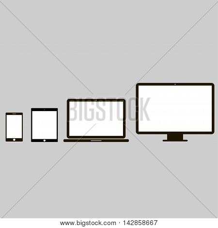 Device Icons: smartphone, tablet, laptop and desktop computer. Flat design