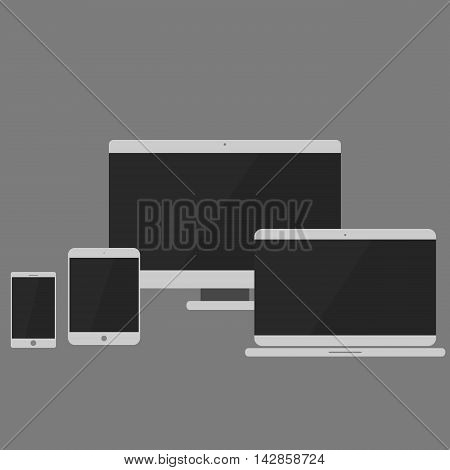 Device Icons: smartphone, tablet, laptop and desktop computer. Flat design