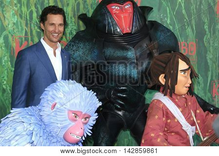 LOS ANGELES - AUG 14: Matthew McConaughey, Characters at the premiere of Focus Features' 'Kubo and the Two Strings' at AMC Universal City Walk on August 14, 2016 in Los Angeles, California