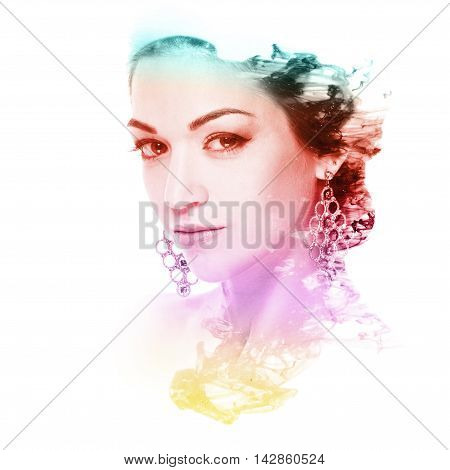 Double exposure of a beautiful woman and cloud of color ink