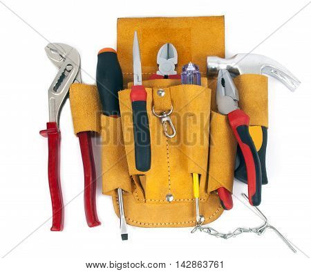 worker's leather tool belt on white background