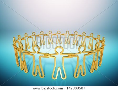 3D rendering Circle of golden people joining together empowering the team to achieve the goal business concepts. isolated on blue gradient background with clipping paths.
