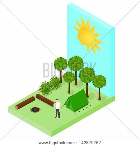 Campsite in the woods. Tent and logs around the campfire. Forest landscape. Isometric style. Tourist on vacation. Vector illustration.