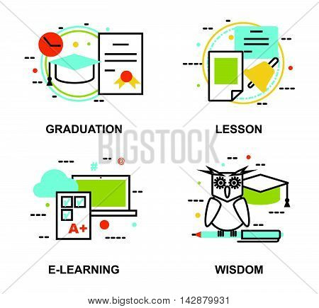 Modern flat thin line design vector illustration set of education concepts gradution school lesson e-learning process and wisdom abstract for graphic and web design