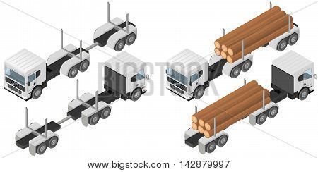 Logging truck in isometric. A bunch of logs in the body of the white vehicle. The industry of construction. Deforestation. Forest cutting. Cargo transport. Vector illustration.