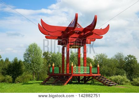 ANDRIANOVO, RUSSIA - JULY 31, 2016: Gazebo in the Japanese style close up. Manor Mar'ino, Historical landmark of the Leningrad region, Russia