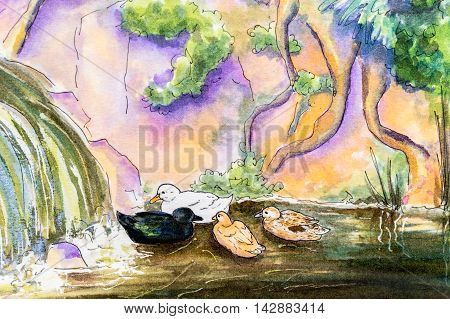 Original watercolor painting of four ducks swimming on water near a waterfall.