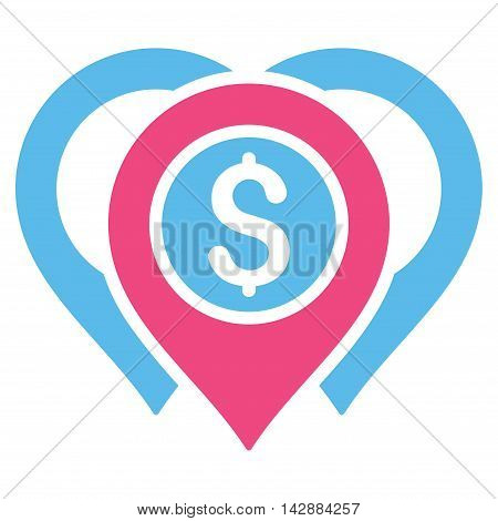 Dollar Map Markers icon. Vector style is bicolor flat iconic symbol with rounded angles, pink and blue colors, white background.