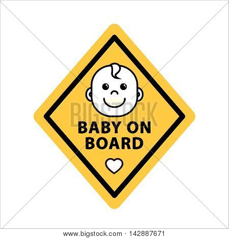 Baby on board sign on yellow rhombus flat vector illustration