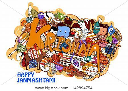 easy to edit vector illustration of Happy Krishna Janmashtami doodle background