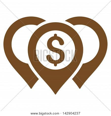 Dollar Map Pointers icon. Vector style is flat iconic symbol with rounded angles, brown color, white background.