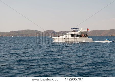 Selimiye Turkey; 14 August 2015: Speed yatch crusing on the sea Turkey