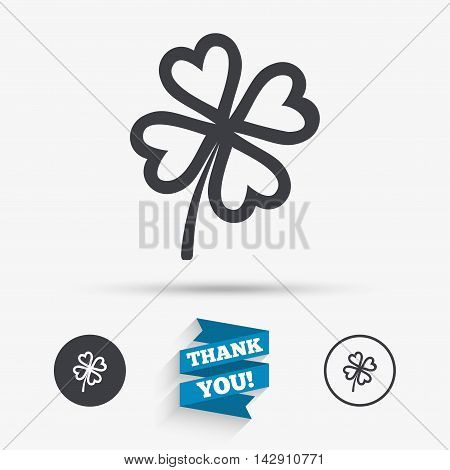 Clover with four leaves sign icon. Saint Patrick symbol. Flat icons. Buttons with icons. Thank you ribbon. Vector