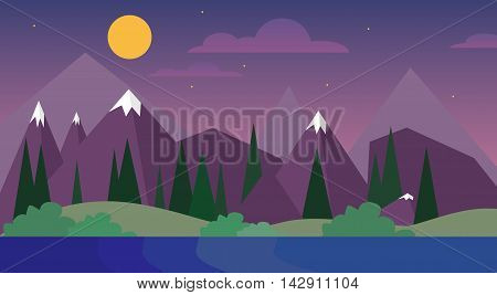 Night Landscape Mountain Moon Sky Woods Flat Vector Illustration