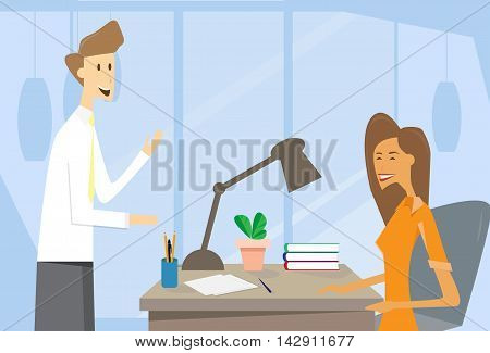 Business Man And Woman Workplace Office Desk Flat Vector Illustration