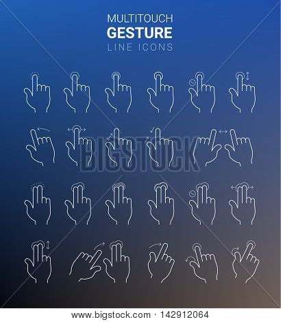 Flat design outline thin stroke modern cartoon style multitouch gesture hand icons collection, on trendy blurred background