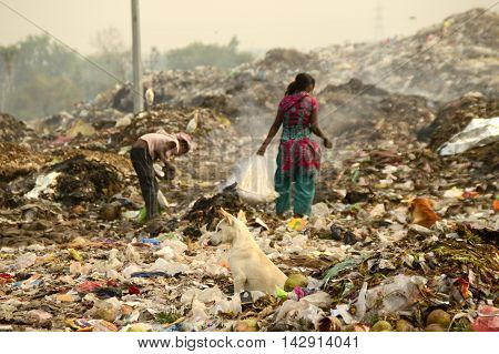 AMRAVATI, MAHARASHTRA, INDIA - APRIL 09, 2014: Unidentified people looking for something in the garbage at Big garbage land. Land and air pollution in India on April 09, 2014, Amravati, India.