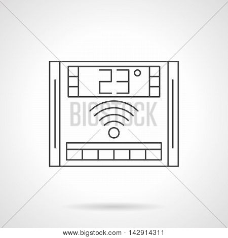 Electronic thermostat with 23 degrees on display. Underfloor heating wireless remote controller. Equipment and appliances for warm floor. Flat line style vector icon.