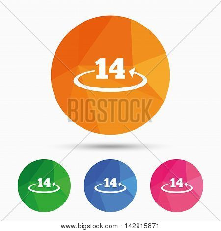 Return of goods within 14 days sign icon. Warranty exchange symbol. Triangular low poly button with flat icon. Vector