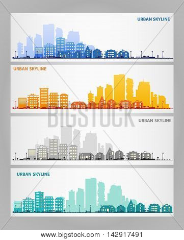 Cityscape sets with various parts of a city. Small towns or suburbs and downtown silhouettes. Illustration divided on layers for create parallax effect
