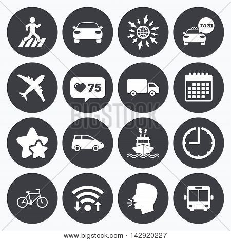 Calendar, wifi and clock symbols. Like counter, stars symbols. Transport icons. Car, bike, bus and taxi signs. Shipping delivery, pedestrian crossing symbols. Talking head, go to web symbols. Vector