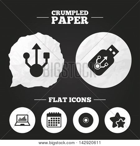 Crumpled paper speech bubble. Usb flash drive icons. Notebook or Laptop pc symbols. CD or DVD sign. Compact disc. Paper button. Vector