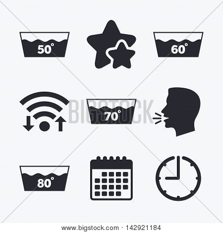 Wash icons. Machine washable at 50, 60, 70 and 80 degrees symbols. Laundry washhouse signs. Wifi internet, favorite stars, calendar and clock. Talking head. Vector