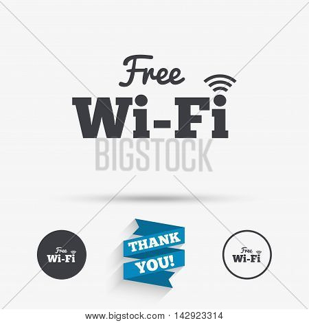 Free wifi sign. Wifi symbol. Wireless Network icon. Wifi zone. Flat icons. Buttons with icons. Thank you ribbon. Vector