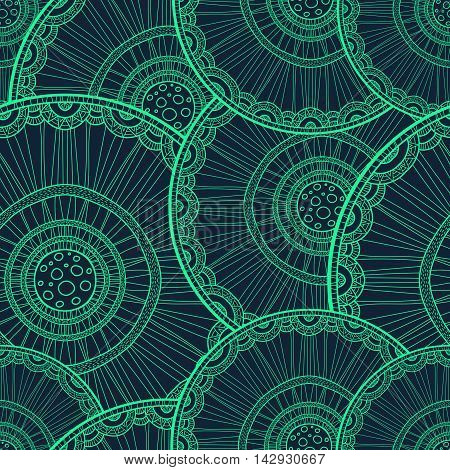 Seamless tribal abstract pattern about nature for printing on fabric or paper. Doodleart mandala design. Hand drawn forest background.