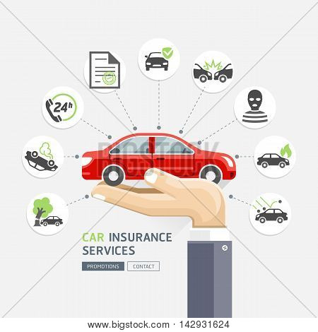 Car insurance services. Business hands holding red car. Vector Illustrations.