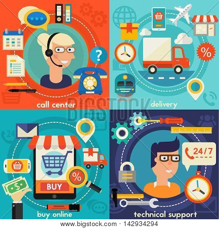 Online Shopping, Customer and Technical Support and Call Senter concept banners. Flat style vector illustration online web banners