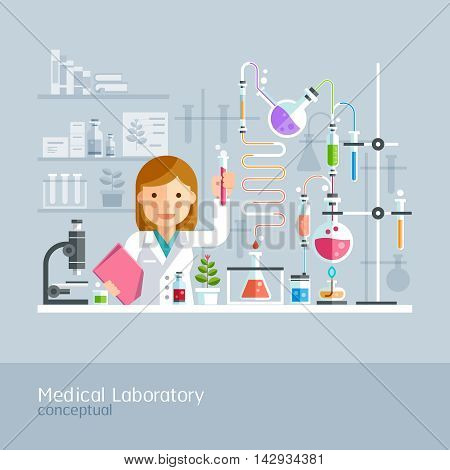Medical Laboratory Conceptual. Professor Working on Medical Laboratory. Vector Illustration.