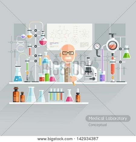 Professor Working on Medical Laboratory. Vector Illustration.