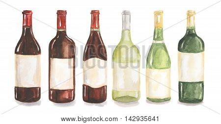 Watercolor wine bottles set. Beautiful bottles for decoration menu in restaurant or cafe. Alcoholic beverage.