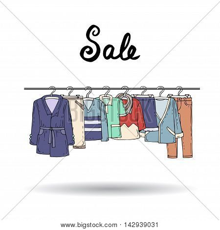 Cute hand drawn illustration with colored wear for men on hangers on white background. Illustration on the theme of fashion and sale. Vector for use in design
