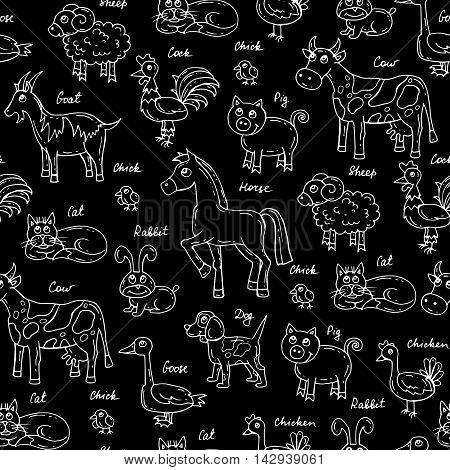 Vector seamless pattern with hand drawn isolated animals on black color. Pattern on the theme of farm. Background for use in design packing web site fabric